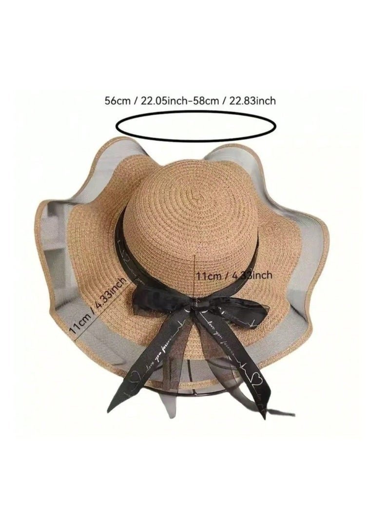 SHEIN Polyester Wide Brim Sun Hat For Women, Casual Beach Straw Hat With Bowknot & Letter Decor - Image 2